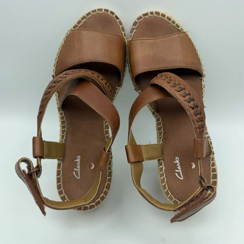 Clarks Unstructured Wedge Sandals Womens 6 Brown Leather Espadrille‎ Whipstitch
